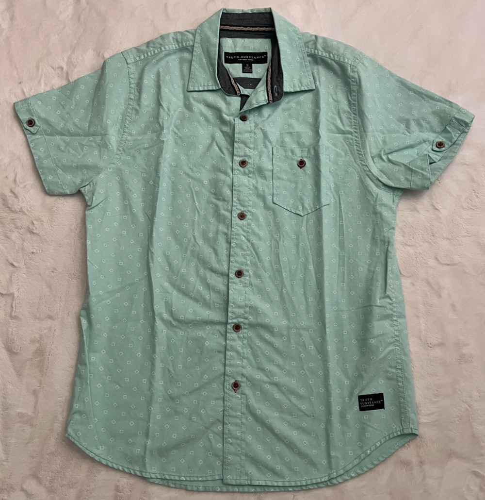 Truth Substance Mens Small Mint Green Geometric Short Sleeve Button Down Shirt